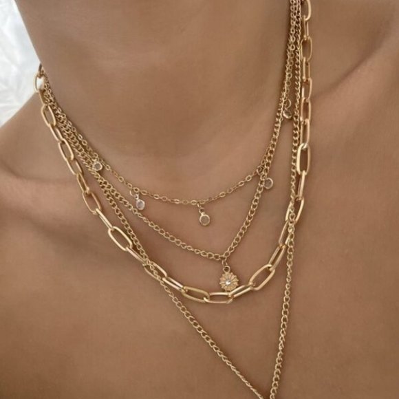 Multilayer Pendant Chain Necklace Set Boho Layered gold Tone - Picture 5 of 6